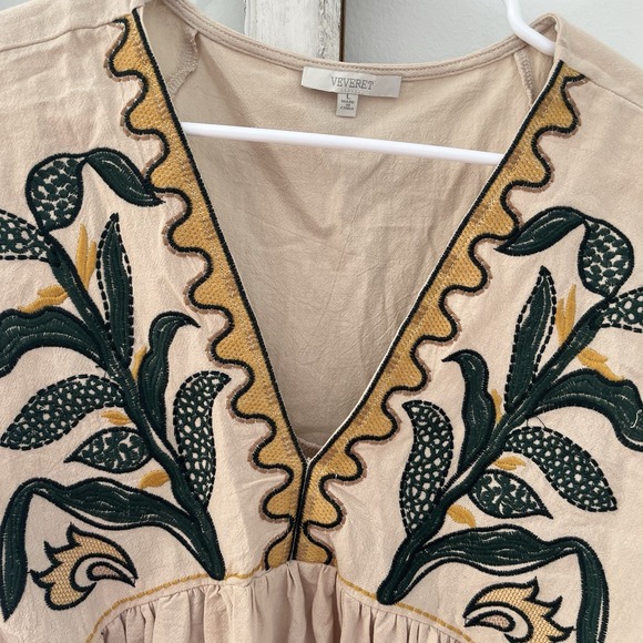 Veveret Linen Blend Babydoll Embroidered Boho Floral Patchwork Tunic Dress L - Picture 2 of 9